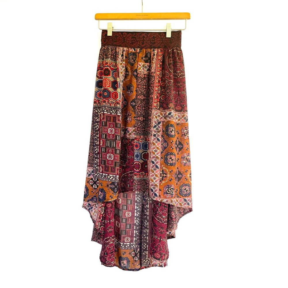 Miss Me High Low Skirt Burgundy Vintage Tapestry Pattern elastic Waistband S